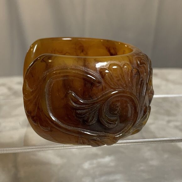 Vintage Carved Lucite Faux Amber Wide Cuff Bracelet Art Deco Style Floral Scroll - Picture 4 of 11